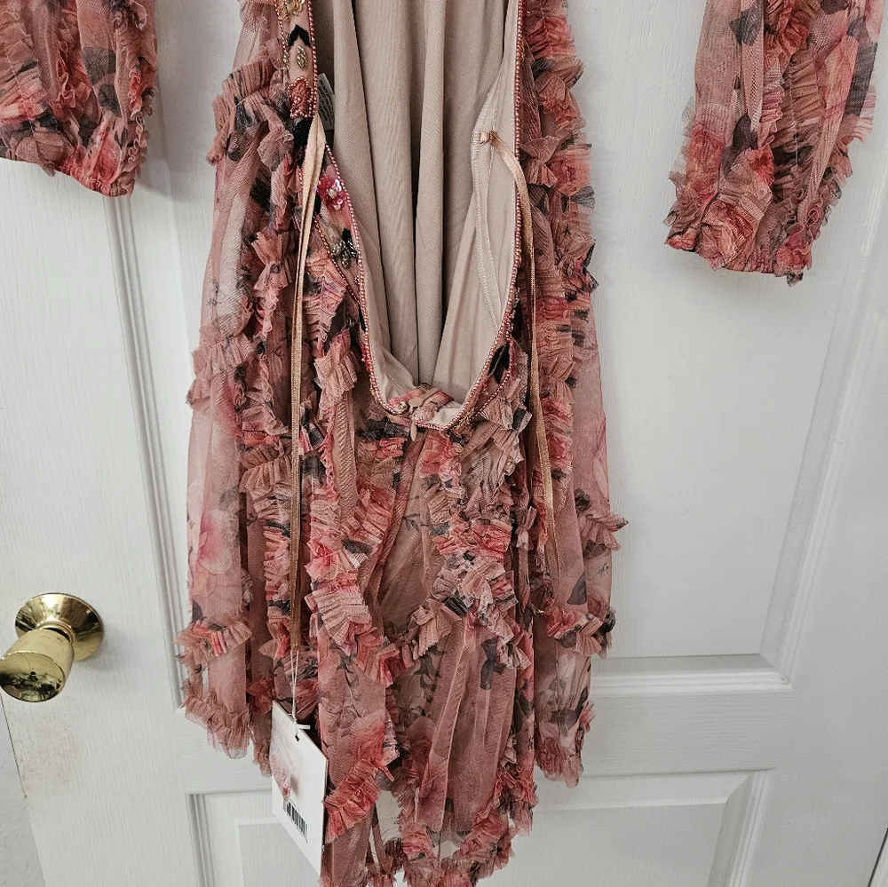 Mac Duggal Long Sleeve V Neck Cut Out Mesh Mini Dress SZ 12 NWT A9151 - Picture 8 of 11